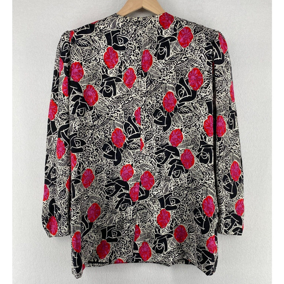 ST. GILLIAN Blazer 14 Silks Abstract Floral Faux Cami Button Front Black Red Vtg - Picture 2 of 16